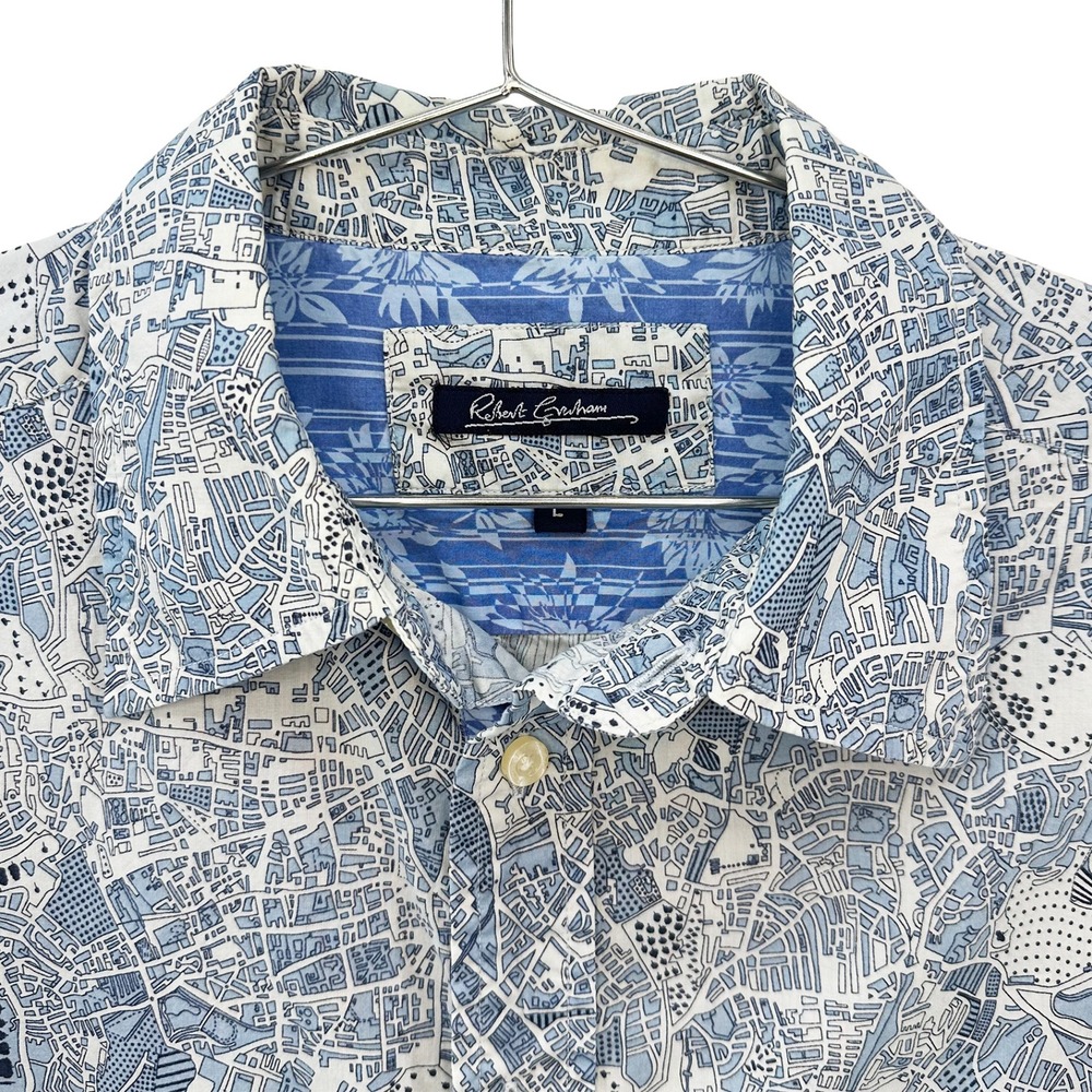 ROBERT GRAHAM Men's City Map Print Button Up Shirt • Large • blue, white‎